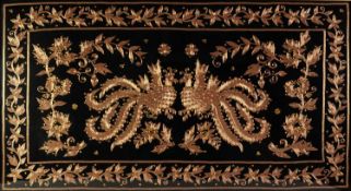 MODERN INDONESIAN GOLD THREAD AND GLASS SEQUINED  EMBROIDERY ON A BLACK FABRIC GROUND of two