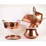 FIVE PIECES OF ANTIQUE AND LATER COPPER, comprising: HUGH WALLIS CIRCULAR TRAY with engraved