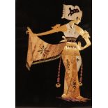 PAIR OF MODERN INDONESIAN TREE BARK PICTURES of dancing female figures against a black ground, 14