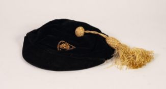 F & W FORSYTH LTD. DARK BLUE VELVET SCHOOL CAP, gold thread embroidered with monogram HDS,