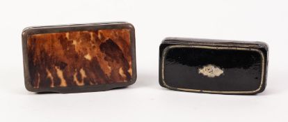 19th CENTURY BLACK LACQUERED PAPIER MACHE OBLONG SNUFF BOX with pewter inlay 2 3/4" x 1 1/4" (6.9