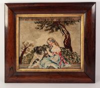 VICTORIAN ROSEWOOD FRAMED WOOLWORK PICTURE, rural scene with girl and large black and white dog