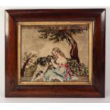 VICTORIAN ROSEWOOD FRAMED WOOLWORK PICTURE, rural scene with girl and large black and white dog