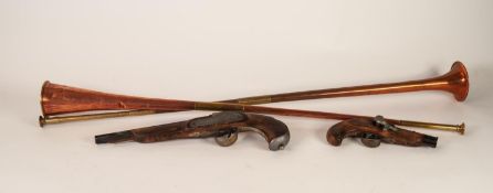 NEAR PAIR OF COPPER AND BRASS HUNTING HORNS, 36? (216cm) long approx, together with two ANTIQUE