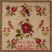 NINETEENTH CENTURY CHILD?S SMALL NEEDLEWORK SAMPLER BY M.L. BELLAMY MORETON, MARCH 1867, worked in