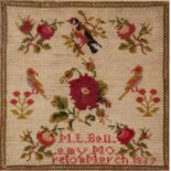 NINETEENTH CENTURY CHILD?S SMALL NEEDLEWORK SAMPLER BY M.L. BELLAMY MORETON, MARCH 1867, worked in