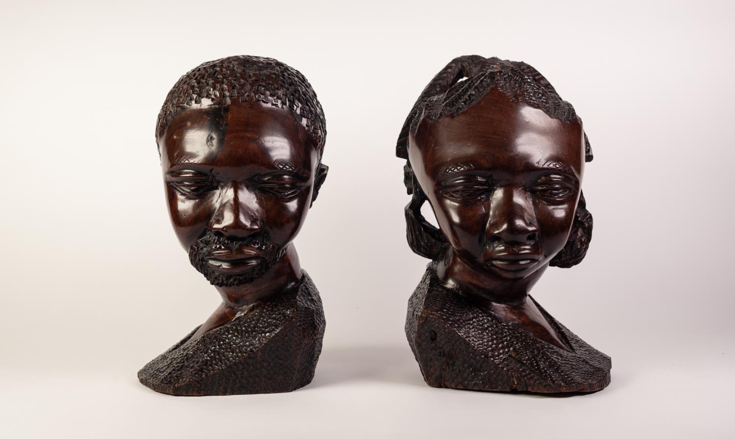 PAIR OF POST WAR AFRICAN CARVED IRONWOOD MALE AND FEMALE HEADS 13" (33) high (2) - Image 2 of 3