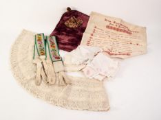 PAIR OF VICTORIAN FLORAL EMBROIDERED AND WHITE KID LEATHER BRACES; a needlewrok TEXT PANEL 'Happy