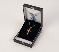 9ct GOLD TINY WHITE STONE SET CRUCIFIX on 9ct gold fine chain, 5.7gms gross