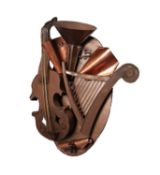 MODERN HAND SCULPTED MIXED METAL WALL MOUNTED APPLIQUE OF MUSICAL INSTRUMENTS comprising a cello,