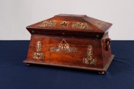 LATE REGENCY MOTHER OF PEARL SARCOPHAGUS SHAPE TEA CADDY decoration to show Welsh dragons, vases