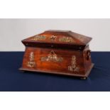 LATE REGENCY MOTHER OF PEARL SARCOPHAGUS SHAPE TEA CADDY decoration to show Welsh dragons, vases