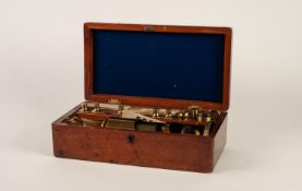 MID NINETEENTH CENTURY BRASS DRUM MICROSCOPE, in a fitted mahogany case with accessories and set