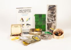 QUANTITY OF FISHING FLIES AND RELATED EQUIPMENT, line, feathers, many in original packaging and a