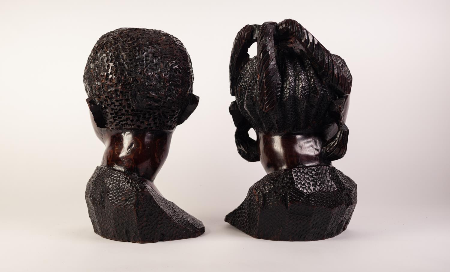 PAIR OF POST WAR AFRICAN CARVED IRONWOOD MALE AND FEMALE HEADS 13" (33) high (2) - Image 3 of 3