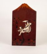 SMALL, EARLY 20th CENTURY JAPANESE RED LACQUER WALL HANGING, painted and encrusted with bone and