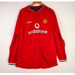 MANCHESTER UNITED 'VODAFONE' SPONSORED REPLICA RED UMBRO SHIRT signed by Roy Keane and Rud van