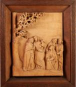 WELL CARVED EARLY TWENTIETH CENTURY BLONDE WOOD OBLONG PANEL, depicting a religious scene with