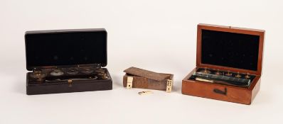 *STAINED WOOD BOX CONTAINING LABORATORY SCALE WEIGHTS, a BROWN BAKELITE DITTO and a SMALL SLIDE