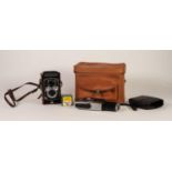 YASHICA-D TLR ROLL FILM CAMERA, in brown leather case, supplied in a soft case with YASHICA CLOSE-UP