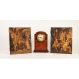 EDWARDIAN INLAID MAHOGANY MANTLE CLOCK, 9 ¾? (24.7cm) high, together with a PAIR OF OVERPAINTED