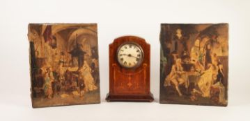 EDWARDIAN INLAID MAHOGANY MANTLE CLOCK, 9 ¾? (24.7cm) high, together with a PAIR OF OVERPAINTED