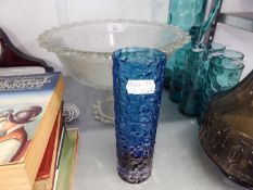 WHITEFRIARS BLUE AND WHITE TEXTURED GLASS CYLINDRICAL VASE, 8" HIGH, A LARGE TEXTURED GLASS TABLE