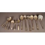 SET OF FOUR ELECTROPLATED SERVING SPOONS WITH APOSTLE TOPS, together with a PAIR OF SERVING