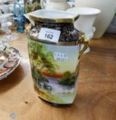 NORITAKE RECTANGULAR PORCELAIN VASE, HAND PAINTED AUTOUR WITH RIVER SCENE AND SWANS