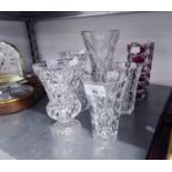 THREE VARIOUS CUT GLASS VASES AND TWO PAIRS OF MOULDED GLASS VASES (7)