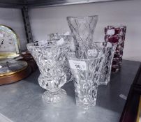 THREE VARIOUS CUT GLASS VASES AND TWO PAIRS OF MOULDED GLASS VASES (7)