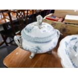 VICTORIAN POTTERY LARGE TWO HANDLED CIRCULAR SOUP TUREEN AND DOMED COVER, with rococo handle, with