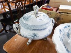 VICTORIAN POTTERY LARGE TWO HANDLED CIRCULAR SOUP TUREEN AND DOMED COVER, with rococo handle, with