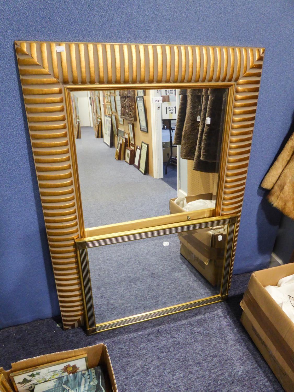 A LARGE BEVELLED EDGE WALL MIRROR, IN WOODEN GILT DECORATED FRAME (120cm x 90cm) and a SMALLER