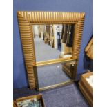 A LARGE BEVELLED EDGE WALL MIRROR, IN WOODEN GILT DECORATED FRAME (120cm x 90cm) and a SMALLER