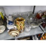 A PAIR OF MOULDED GLASS PETAL SHAPED PEDESTAL BOWLS; A MOULDED GLASS LARGE SQUARE FRUIT BOWL;