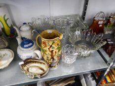 A PAIR OF MOULDED GLASS PETAL SHAPED PEDESTAL BOWLS; A MOULDED GLASS LARGE SQUARE FRUIT BOWL;