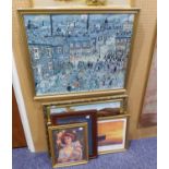 OIL PAINTING, LAKE AND MOUNTAINS, A TITANIC PRINT AND THREE OTHER COLOUR PRINTS (5)