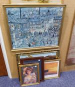 OIL PAINTING, LAKE AND MOUNTAINS, A TITANIC PRINT AND THREE OTHER COLOUR PRINTS (5)