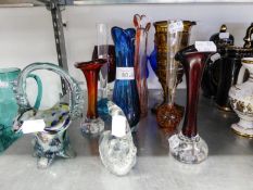 TWELVE PIECES OF COLOURED GLASS TO INCLUDE; VASES  ETC...