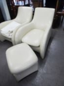 GOOD QUALITY STYLISH CREAM LEATHER SEMI-RECLINED ARMCHAIR AND MATCHING FOOTSTOOL, (bought from Coach