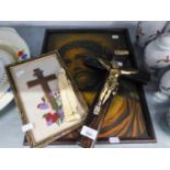 A WOOD AND GILT METAL CRUCIFIX, A CARVED BONE FIGURE OF THE MADONNA (A.F.) AND A FRAMED COLOUR PRINT