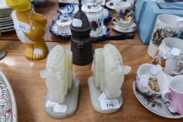 A PAIR OF CARVED ONYX HORSES HEAD BOOKENDS AND A SMALL PEWTER COFFEE POT WITH WOODEN STICK HANDLE (