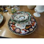 A PAIR OF MASONS PLATES DECORATED IN IMARI PALETTE WITH URN OF FLOWERS AND TWO MASONS IRONSTONE