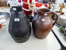 AN ANTIQUE WOODEN AND METAL BANDED PROBABLY CIDER PITCHER AND AN ANTIQUE STONEWARE LARGE JUG (2)