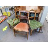 MAHOGANY INLAID OPEN ARMCHAIR AND A PAIR OF ANTIQUE SINGLE CHAIRS HAVING BUTTONED UPHOLSTERED