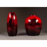 TWO ROYAL DOULTON FLAMBE POTTERY VASES, one of ovoid form, decorated with a silhouette of the