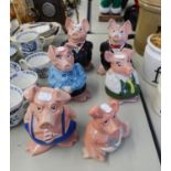 NAT WEST PIG MONEY BOXES, FULL FAMILY SET OF FIVE PIGS, WADE, ORIGINAL STOPPERS AND AN EXTRA 'DAD'