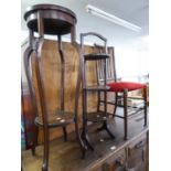 OAK STICKBACK SINGLE DINING CHAIR, OAK THREE TIER CAKE STAND AND A MAHOGANY JARDINIERE (3)