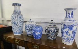 BLUE AND WHITE ORIENTAL POTTERY TO INCLUDE; A LARGE HEXAGONAL SHAPED VASE, 47cm high, A TALL